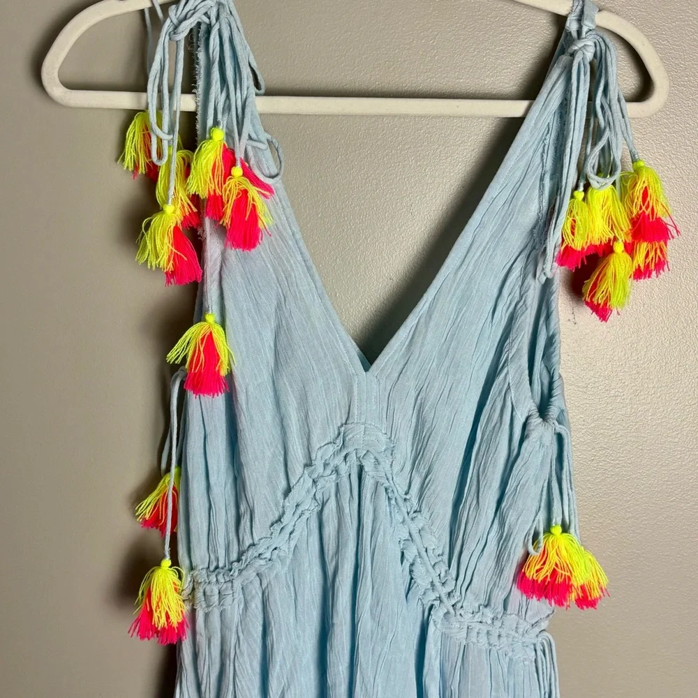 NEW Anthropologie Sundress Mini Light‎ Blue Swim Cover with Neon Tassels Size XS